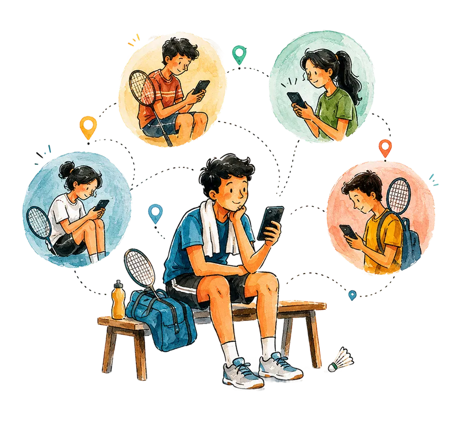 A group of friends across India finding each other for a weekend of badminton and sport, connected through the OutFindr app