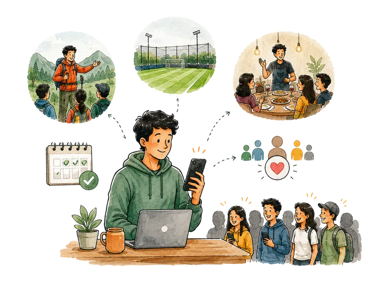 A host at their laptop organising treks, sports sessions and dinners, connecting with a group of attendees through OutFindr